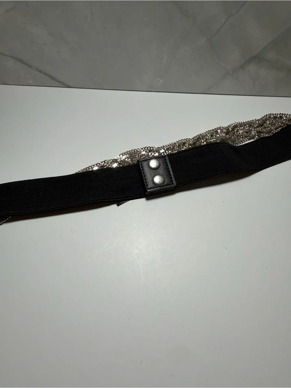Express black elastic waist belt sparkling silver tone rhinestone beaded
